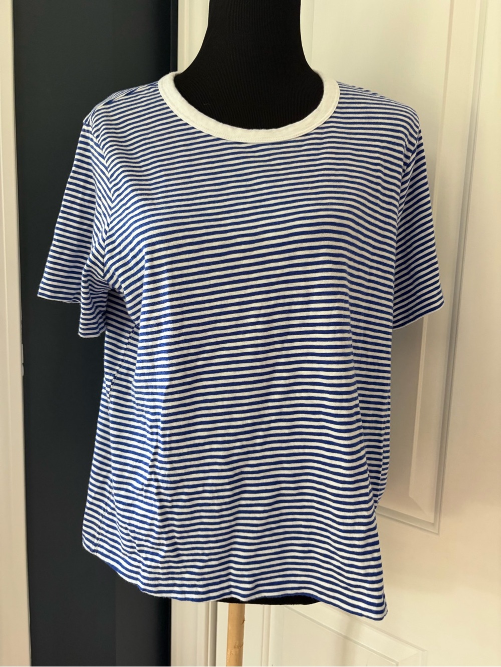 Faherty Blue and White Striped Short Sleeve Crewneck Tee